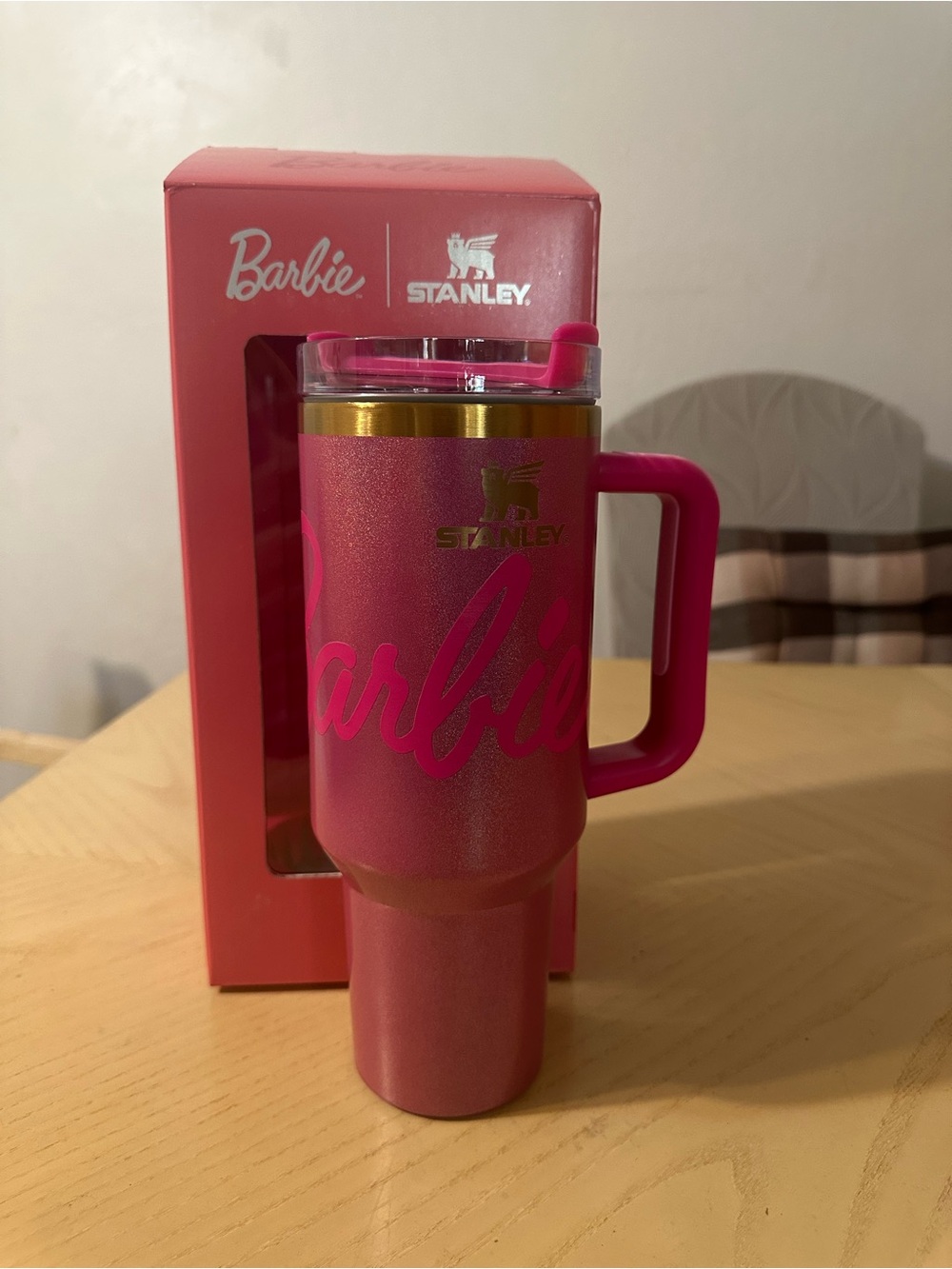 Stanley Barbie Pink Glitter Travel Tumbler with Gold Band and Handle